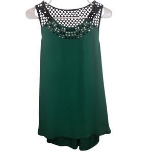 Express Green Sleeveless Chiffon Embellished Black Net Tank Top